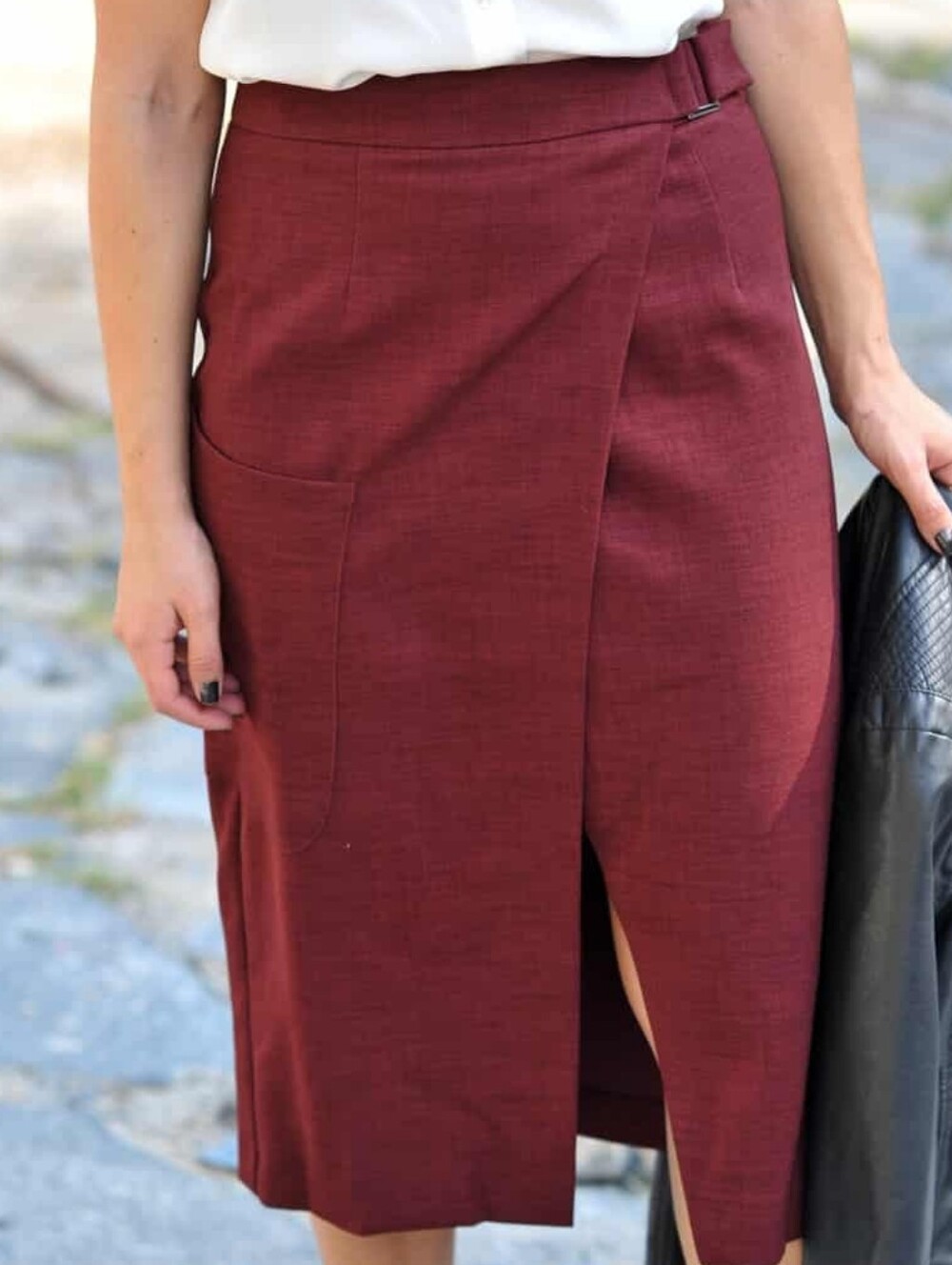 ASOS - Women's Burgundy Knee-Length Buckle Wrap Skirt With Deep Thigh Pocket